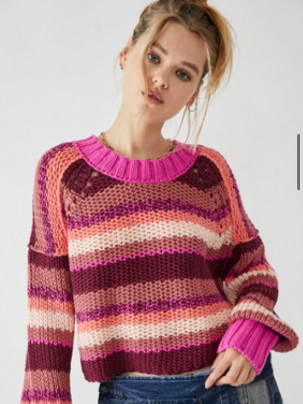 Free People Striped Chunky Crewneck Sweater - Pink & Wine Multi